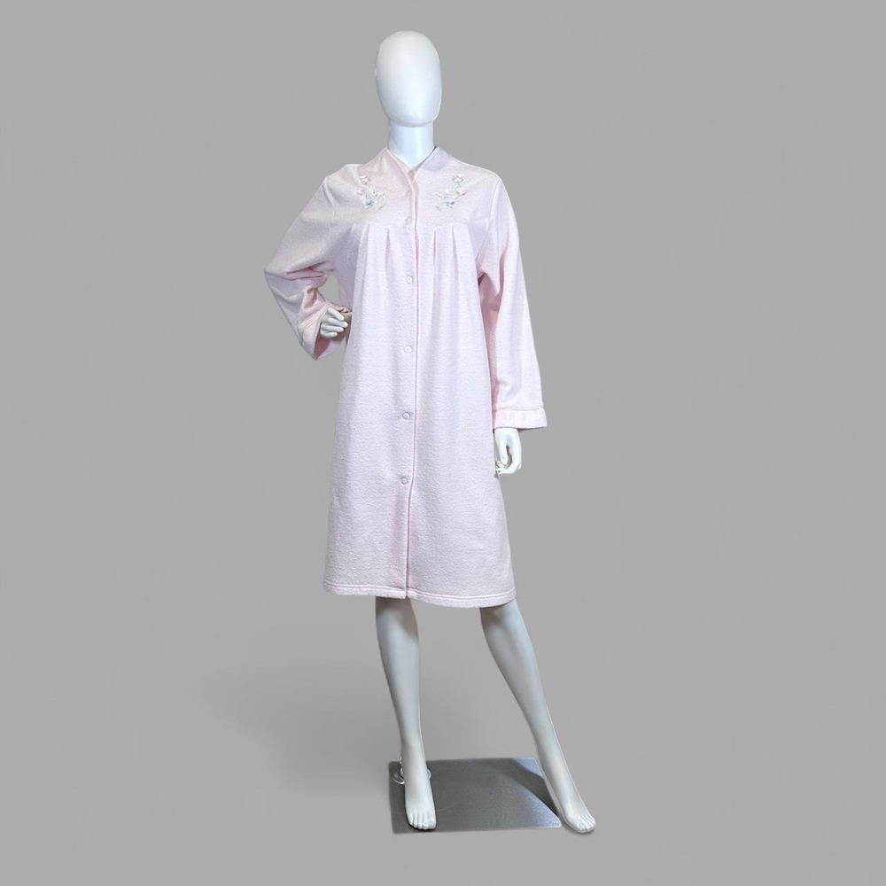 Vintage Miss Elaine Pink Snap Front House Coat Robe‎ M Embroidered Floral